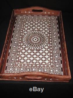 Vintage Large Hand Carved Wood Inlaid Bone Serving Tray Art Deco Design India