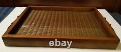 Vintage Large Heavy Wood & Glass Serving Tray With Metal Handles