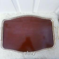 Vintage Large Oval Wooden Serving Tray Inlaid Marquetry With Handles Tea Tray