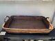 Vintage Large Wicker Bamboo Handled Serving Tray Wood Inlay Bottom 28 x 18