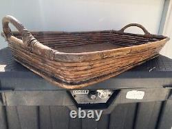 Vintage Large Wicker Bamboo Handled Serving Tray Wood Inlay Bottom 28 x 18