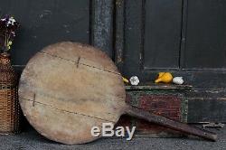 Vintage Large Wood Breadboard Rare Old Rustic Serving Round Tray with Handle