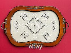 Vintage Lefkara Lace Handmade Wood & Glass Tray Cyprus Irish Linen French Thread