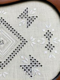 Vintage Lefkara Lace Handmade Wood & Glass Tray Cyprus Irish Linen French Thread