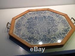 Vintage Light Oak Hexagon Petit Point Glass Topped Serving Tray, c 1930/40's