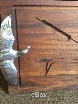 Vintage MCM Wood And Aluminum Duck Serving Tray Cutting Board HUGE 15 x 24