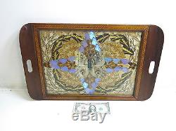 Vintage MID Century Butterfly Wing Art Serving Tray With Nice Wooden Inlay Work