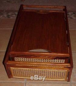 Vintage MID Century Modern 1976 Teak Wood & Woven Cane Bed/butler Serving Tray