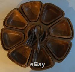 Vintage MONKEY POD WOODS OF HAWAII Lazy Susan Serving Tray Bowls Spoons RARE