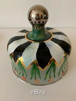 Vintage Mackenzie Childs Circus Glass Cheese Dome with Wood Base & Ribbon