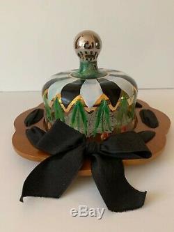 Vintage Mackenzie Childs Circus Glass Cheese Dome with Wood Base & Ribbon