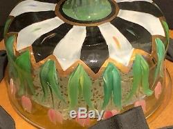 Vintage Mackenzie Childs Glass Circus Cheese Dome with Wood Base & Ribbon