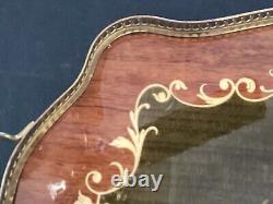 Vintage Marquetry Inlay Wood Serving TrayWith Brass Handles and Gold Color edge