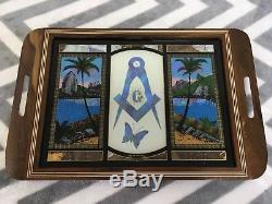 Vintage Masonic Serving Tray Inlaid Wood Butterfly Wing FreeMason Rio De Janeiro