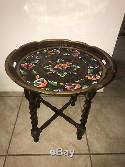 Vintage Mexican Batea Serving Tray on Folding Wood Stand Table Folk Art Floral