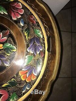 Vintage Mexican Batea Serving Tray on Folding Wood Stand Table Folk Art Floral
