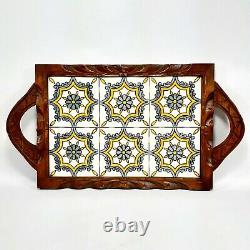 Vintage Mexican Hand Carved Wood Ceramic Tile Serving Tray Blue Yellow Folk Art