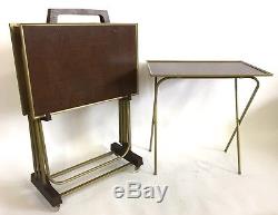 Vintage Mid Century Faux Wood 4 TV Tray Folding Table Set with Rolling Stand