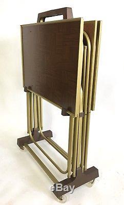 Vintage Mid Century Faux Wood 4 TV Tray Folding Table Set with Rolling Stand
