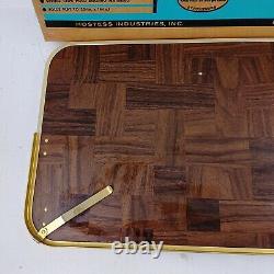 Vintage Mid Century Hostess Folding Bed Tray Faux Parquet Wood Metal 22x14