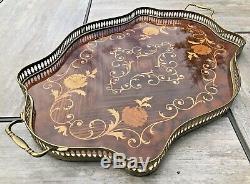 Vintage Mid Century Marquetry Inlaid Wood Cocktail Serving Tray Handles Italy