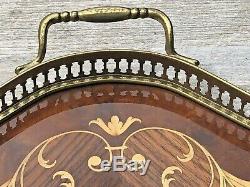 Vintage Mid Century Marquetry Inlaid Wood Cocktail Serving Tray Handles Italy