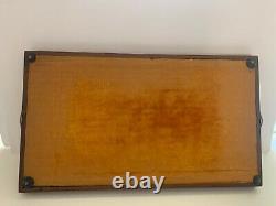 Vintage Mid Century Marquetry Inlaid Wood Serving Tray Brass Handles