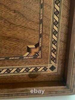 Vintage Mid Century Marquetry Inlaid Wood Serving Tray Brass Handles