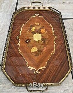Vintage Mid Century Marquetry Inlaid Wood Serving Tray Brass Trim Handles Italy