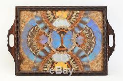 Vintage Natural Butterfly Wing Decoupage Wood And Glass Inlay Art Serving Tray