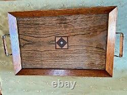Vintage Oak Wooden Butler Serving Tray Antique Inlaid Wood 11 by 18 Inches