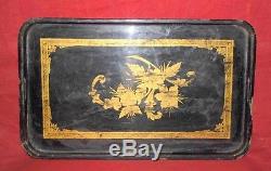 Vintage Old Hand Crafted Wooden Lacquer Golden Floral Black Serving Tray