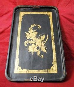 Vintage Old Hand Crafted Wooden Lacquer Golden Floral Black Serving Tray