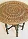 Vintage Old Middle Eastern Serving Tray Top Wood Copper Table Round Wood Base