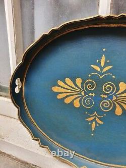 Vintage Oval Lacquered Dark Turquoise Gold Gilt Regency Style Serving Tea Tray