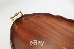 Vintage Oval Large Wood Serving Tray Lantern Design Brass Handles