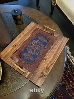 Vintage Persian Floral Wooden Serving Tray With Handles