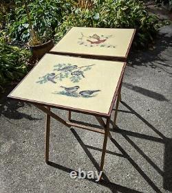 Vintage R. R. Scheibe Folding Wooden TV Tray Wood Tables Fiberglass Tops Birds
