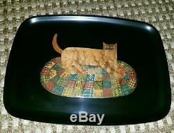 Vintage Rare Couroc Of Monterey Serving Tray Inlay Wood Cat & Rug Trimmed Brass