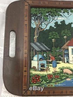 Vintage Rare Emanuel Bartunek Brazil Wood Inlay Painted Serving Tray 18x11