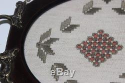 Vintage Retro mahogany Lefkara Lace Embroidery Tea Serving Tray PL3552