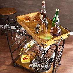 Vintage Rolling Wood Iron Metal Beverage Bar Serving Cart Drink Tray Wine Cart
