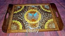 Vintage Serving Real Butterfly Tray Brazil Inlay Wooden Tea Coffee Taxidermy