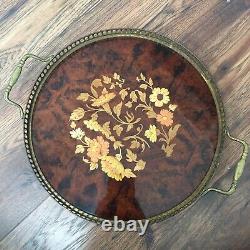 Vintage Serving Tray Sorrento Italy Marquetry Wood & Brass Round Gallery MCM
