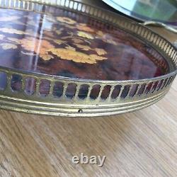 Vintage Serving Tray Sorrento Italy Marquetry Wood & Brass Round Gallery MCM