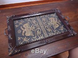 Vintage Serving Tray With Byzantine Double Head Eagle Needle Work & Glass Top
