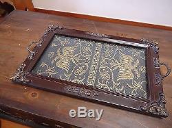 Vintage Serving Tray With Byzantine Double Head Eagle Needle Work & Glass Top