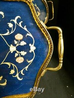 Vintage Set Of (2) Italian Inlaid Brass & Blue Marquetry Wood Serving Trays Exc