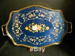 Vintage Set Of (2) Italian Inlaid Brass & Blue Marquetry Wood Serving Trays Exc