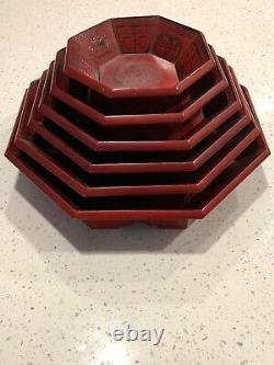Vintage Set of Six (6) Octagon Wooden Ornate Nesting Serving Platter Trays